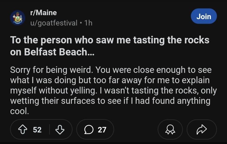 A Reddit post titled "To the person who saw me tasting the rocks on Belfast Beach" explains that the user wasn't tasting the rocks, only wetting their surfaces