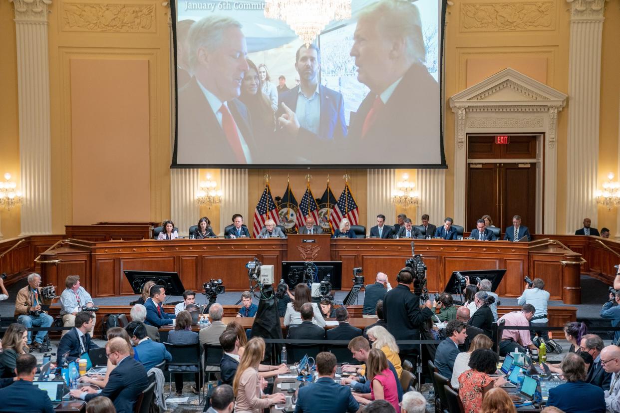 A photo of President Donald J Trump from back stage at the January 6th rally is displayed as Cassidy Hutchinson, former Special Assistant to President Trump, testifies during the sixth public hearing by the House Select Committee to Investigate the January 6th Attack on the U.S. Capitol on June 28, 2022.