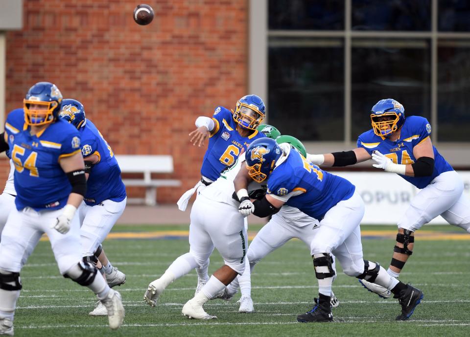 South Dakota State's Chris Oladokun throws a pass during a game against North Dakota on Saturday, November 20, 2021, at Dana J. Dykhouse Stadium in Brookings.