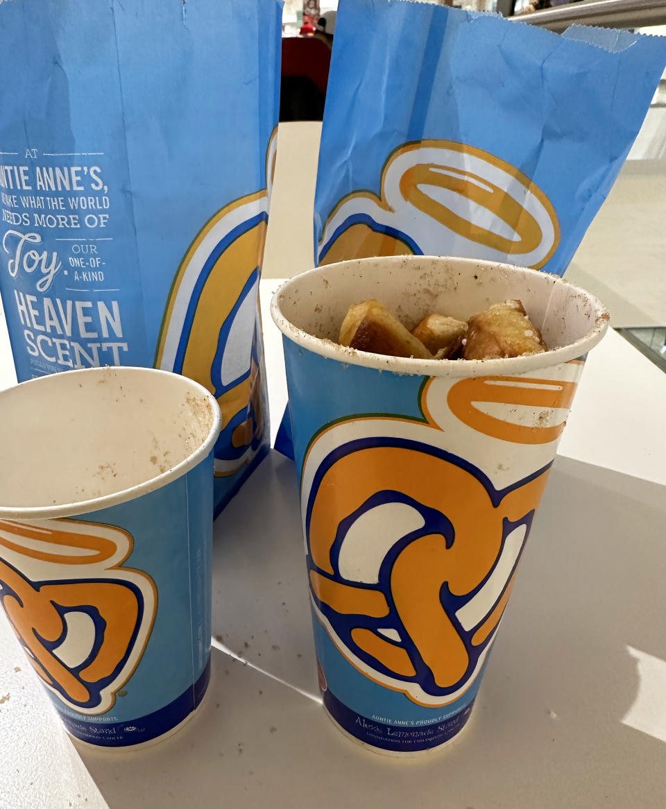 A small order of Auntie Anne's Original Pretzel Nuggets sitting in a regular-sized cup. (Courtesy Joseph Lamour)