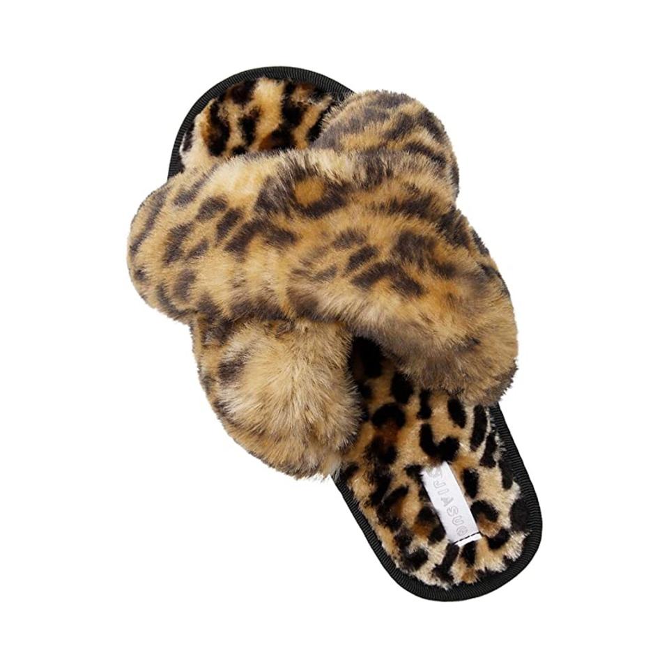 brown and black leopard print fuzzy slippers