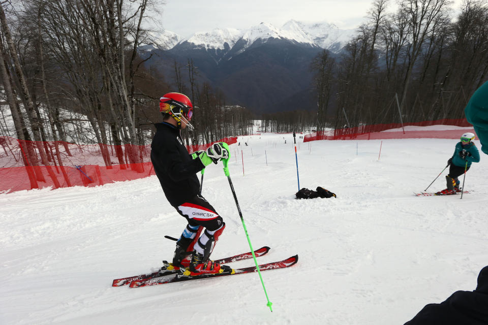 Austria's Marcel Hirscher trains for the men's slalom at the Alpine ski venue at the Sochi 2014 Winter Olympics, Thursday, Feb. 20, 2014, in Krasnaya Polyana, Russia. (AP Photo/Alessandro Trovati)