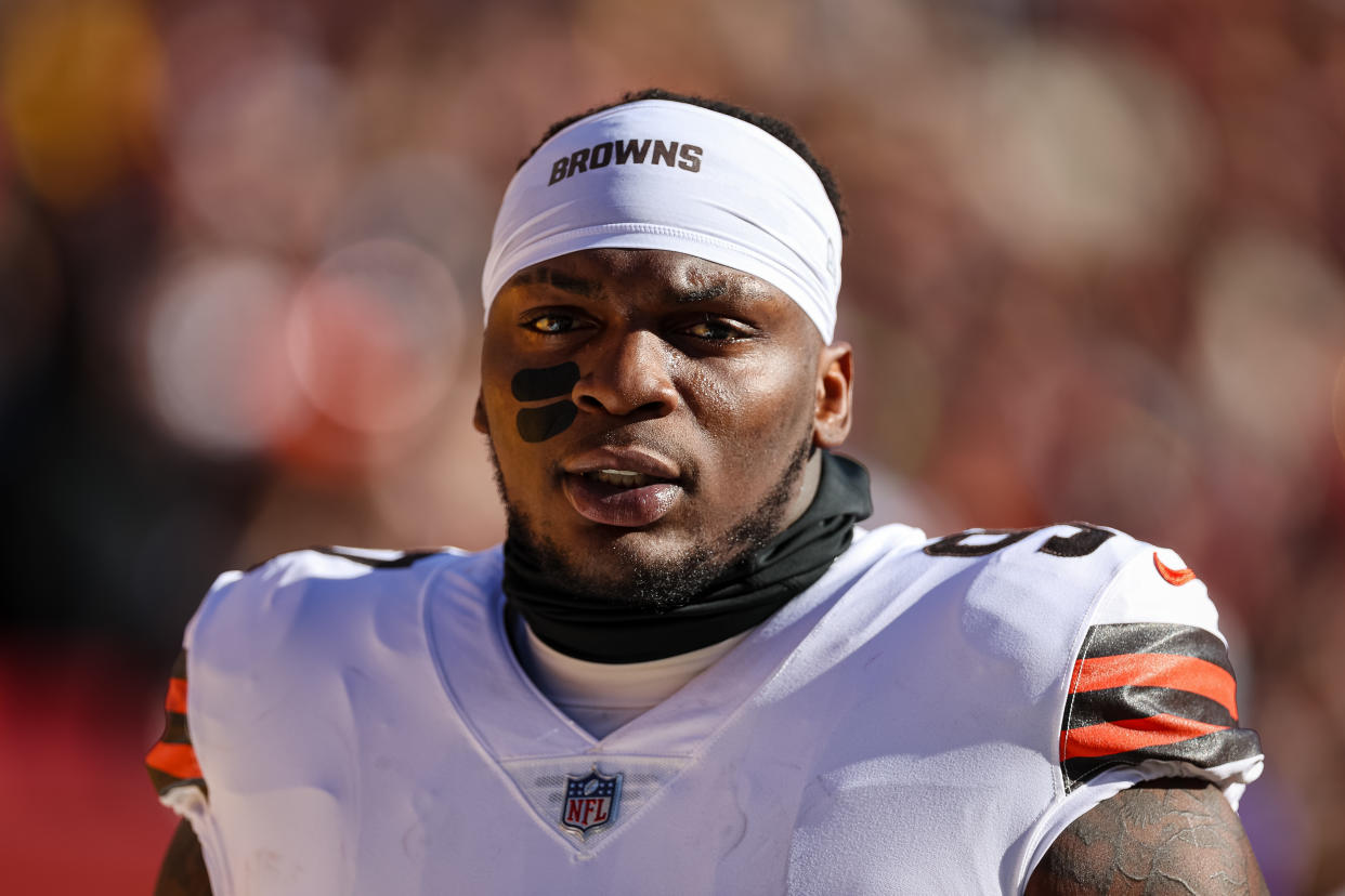 LANDOVER, MD - JANUARY 01: Perrion Winfrey #97 of the Cleveland Browns looks on before the game against the Washington Commanders at FedExField on January 1, 2023 in Landover, Maryland. (Photo by Scott Taetsch/Getty Images)