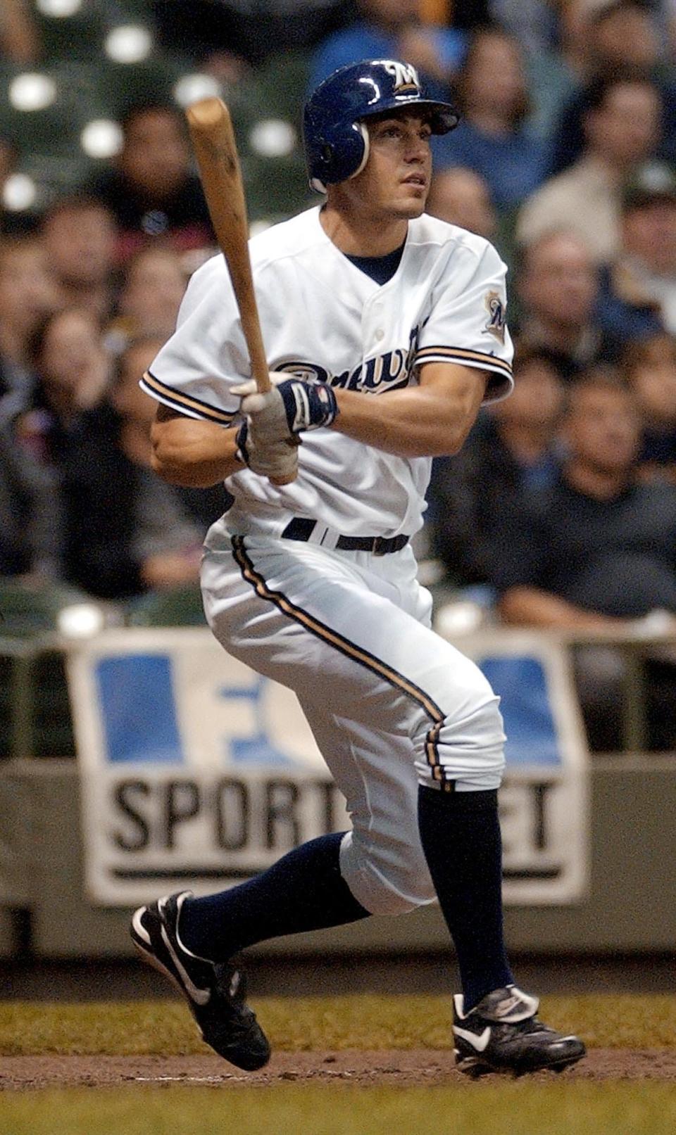 Milwaukee Brewers' Scott Podsednik hits a home run in the first inning against the San Diego Padres Monday, May 19, 2003, in Milwaukee.