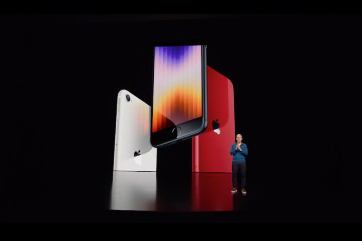 Apple iPhone SE 2022 shown on stage with Tim Cook.