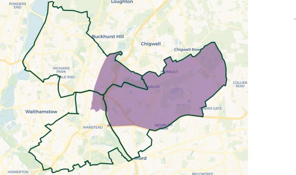 Constituency map of Ilford North (purple shading shows old constituency before boundary changes) (© OpenStreetMap contributors | © CARTO)