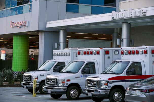 PHOTO: Three ambulances are parked in front of the emergency room at Children's Health of Orange County (CHOC), which is busy handling child respiratory cases in a surge that caused an OC medical emergency, Orange County, California, Nov. 1, 2022.  (Allen J. Schaben/Los Angeles Times via Getty Images)