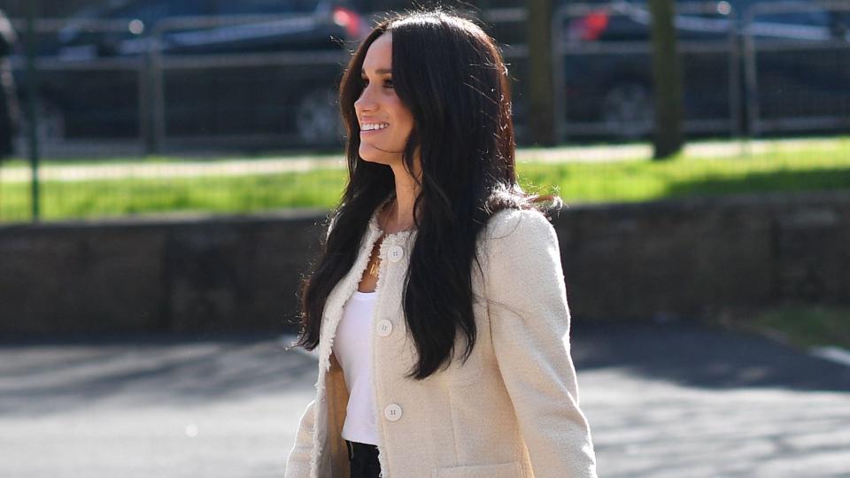 Meghan arrived to visit the Robert Clack School in Essex, on March 6, 2020 wearing two-tone Jennifer Chamandi heels