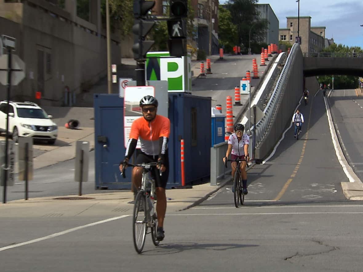 Where Berri Street slopes down to Ontario Street, cyclists can get a lot of speed. A 62-year-old cyclist died after colliding with another cyclist there in 2021. (CBC - image credit)