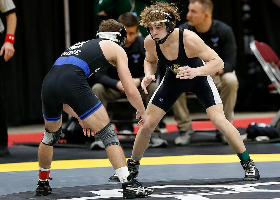 Black River's Joe Dennis wrestles Miami East's Cooper Shore during their 120 lbs. match at the OHSAA State Wrestling Championships Friday, March 10, 2023 at the Jerome Schottenstein Center. TOM E. PUSKAR/ASHLAND TIMES-GAZETTE