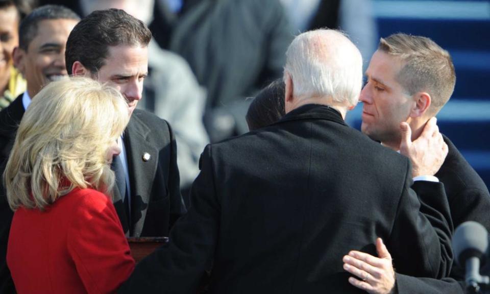 Joe Biden is greeted by his wife Jill and sons Beau, right, and Hunter, second left, following his inauguration as vice-president in 2009.