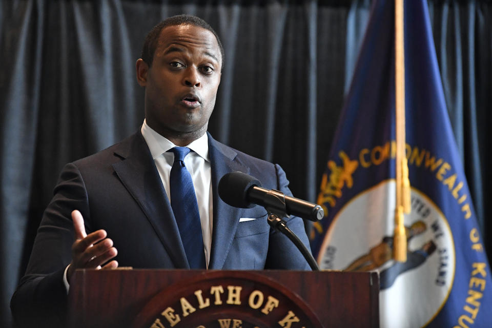 Kentucky Attorney General Daniel Cameron addresses the media following the return of a grand jury investigation into the death of Breonna Taylor, in Frankfort, Ky., Wednesday, Sept. 23, 2020. Of the three Louisville Metro police officers being investigated, one was indicted. (AP Photo/Timothy D. Easley)