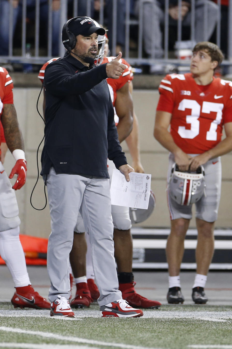 Ohio State head coach Ryan Day signals to his team during the second half of an NCAA college football game against Akron, Saturday, Sept. 25, 2021, in Columbus, Ohio. (AP Photo/Jay LaPrete)