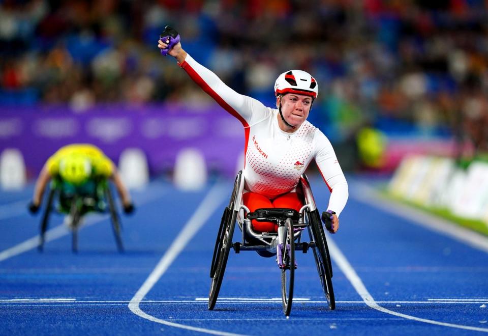 England’s Hannah Cockroft celebrates after winning the women’s T33/34 100m final at Alexander Stadium (Mike Egerton/PA) (PA Wire)