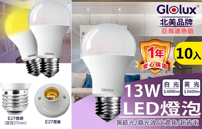 ▲Glolux 13W高亮度全電壓LED燈泡10入組，超值特惠平均1入$65，原價$2,690，3/9-3/26活動價只要$649。（圖片來源：Yahoo購物中心）