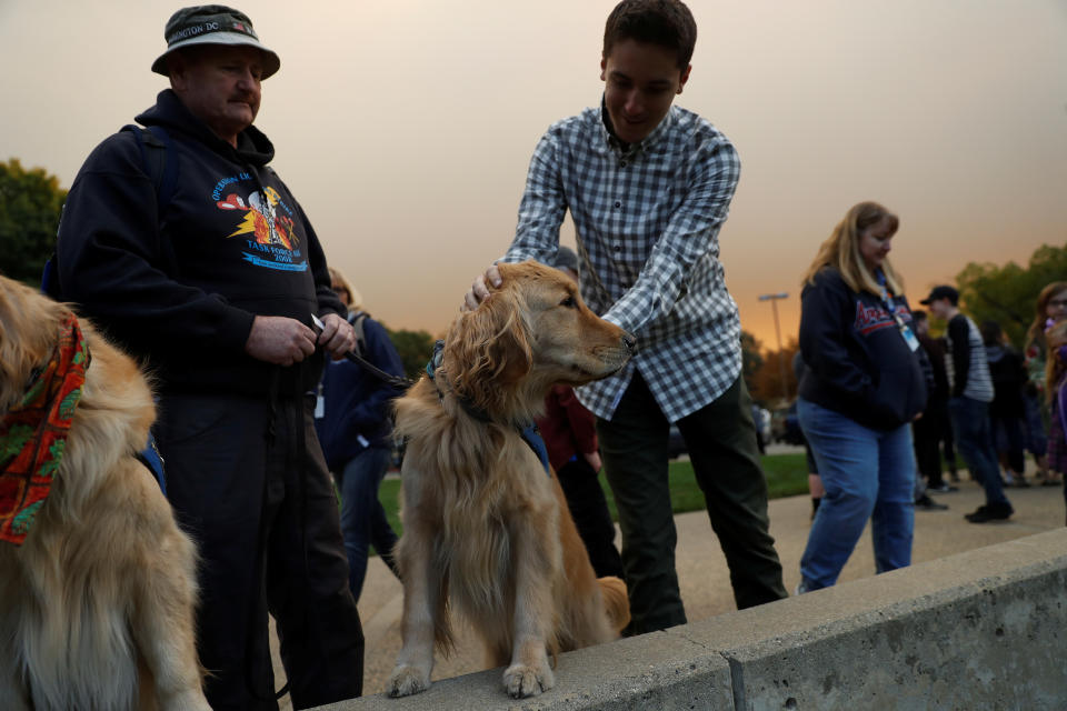 <p>Reuben, a comfort dog with the Lutheran Church Charities’ K-9 Comfort Dog Ministry, is being petted by an attendee at Neighborhood Church of Chico where it also serves as emergency shelter for those displaced by the Camp Fire, in Chico, Calif. on Nov. 11, 2018. (Photo: Stephen Lam/Reuters) </p>