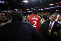 OAKLAND, CALIFORNIA - JUNE 13: Kawhi Leonard #2 of the Toronto Raptors celebrates his teams win victory over the Golden State Warriors in Game Six to win the 2019 NBA Finals at ORACLE Arena on June 13, 2019 in Oakland, California. NOTE TO USER: User expressly acknowledges and agrees that, by downloading and or using this photograph, User is consenting to the terms and conditions of the Getty Images License Agreement. (Photo by Ezra Shaw/Getty Images)