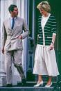 <p>Princess Diana paired a black-and-white striped, gold-buttoned sweater with a long pleated skirt to drop off Prince William at school alongside Prince Charles.<br></p>