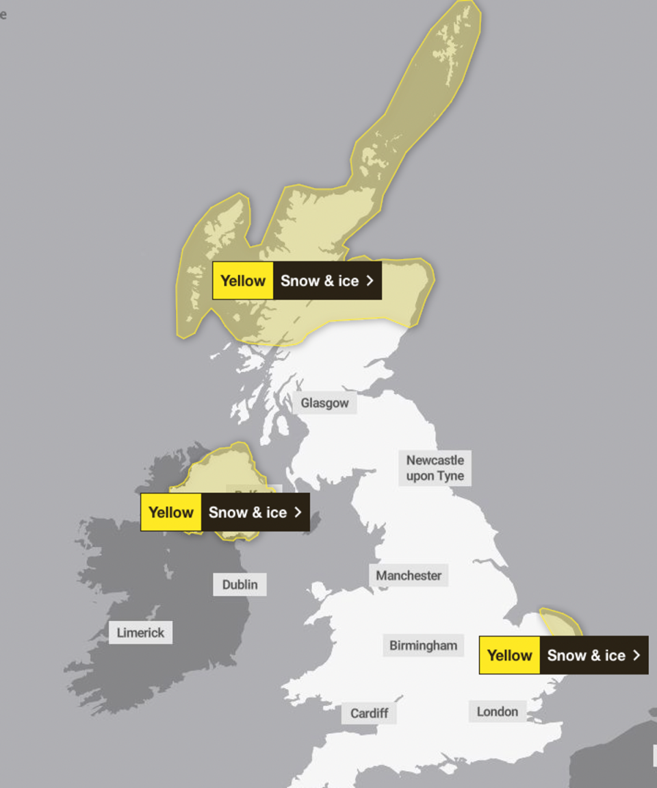 Snow will begin to fall over northern Scotland, Northern Ireland and eastern England on Monday (Met Office)