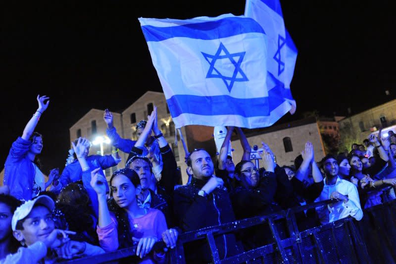 Israelis celebrate Israel's 64th Independence Day in central Jerusalem, April 25, 2012. Israel's first Prime Minister David Ben Gurion declared the State of Israel in 1948 in Tel Aviv, ending the rule of the British Mandate. Photo by Debbie Hill/UPI