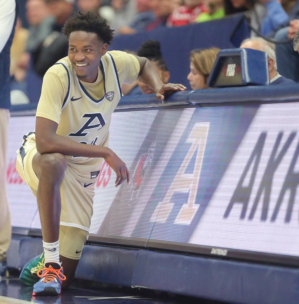 University of Akron senior Ali Ali waits to sub into the game against Gardner-Webb on Thursday, Dec. 21, 2023.