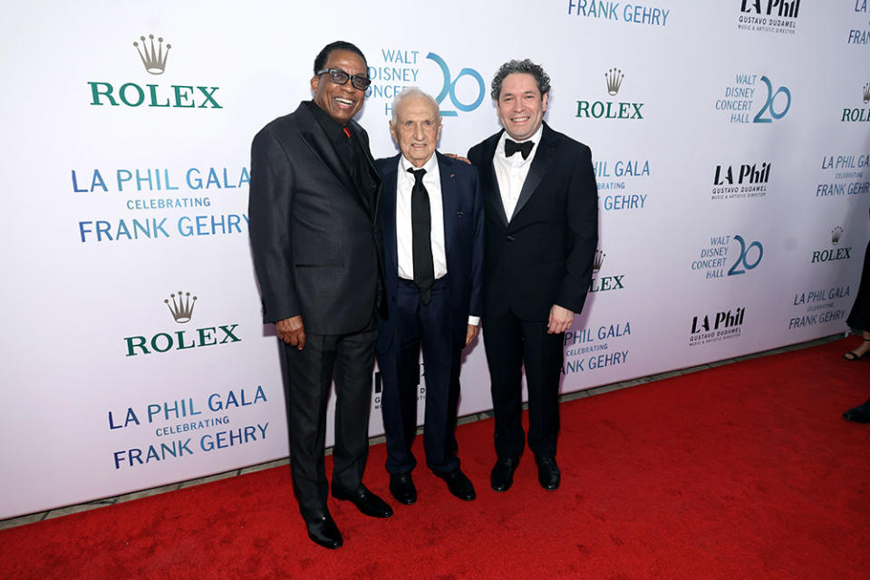 (L-R) Herbie Hancock, Frank Gehry and Gustavo Dudamel attend The Los Angeles Philharmonic's 20th Anniversary Gala honoring Frank Gehry at Walt Disney Concert Hall on October 05, 2023 in Los Angeles, California.