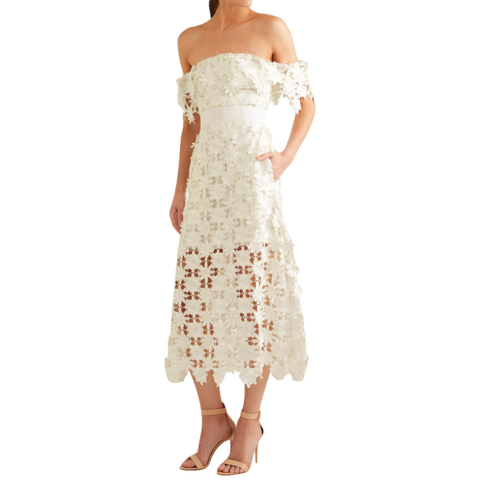 Off-the-shoulder guipure lace midi dress