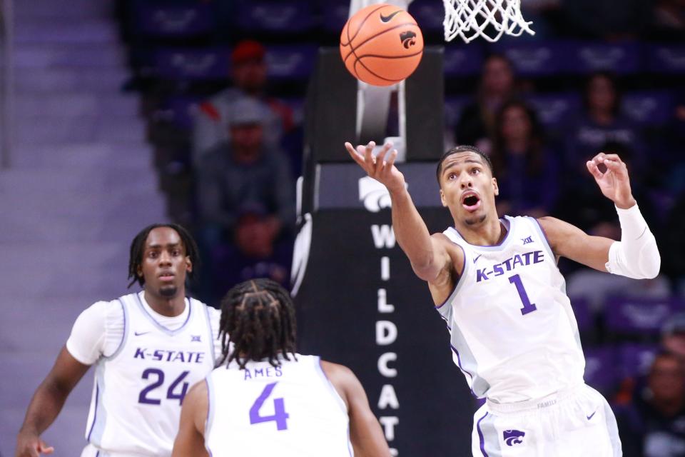 Kansas State forward David N'Guessan (1), one of three returning players from the 2023-24 Wildcat team, looks for a rebound against Oral Roberts last November at Bramlage Coliseum.