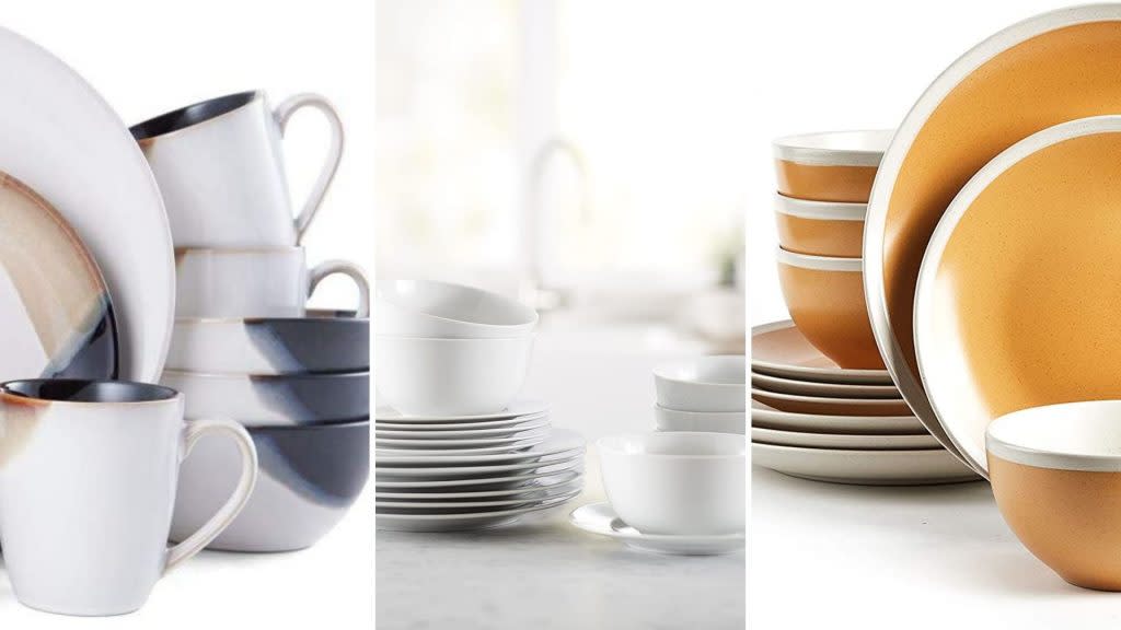 Left to right: <a href="https://amzn.to/3yqANU0" rel="nofollow noopener" target="_blank" data-ylk="slk:16-piece Gourmet Basics by Mikasa Caden dinnerware set;elm:context_link;itc:0;sec:content-canvas" class="link rapid-noclick-resp">16-piece Gourmet Basics by Mikasa Caden dinnerware set</a>; <a href="https://amzn.to/3jSkFqi" rel="nofollow noopener" target="_blank" data-ylk="slk:Amazon Basics 18-piece dinnerware set;elm:context_link;itc:0;sec:content-canvas" class="link rapid-noclick-resp">Amazon Basics 18-piece dinnerware set</a>; <a href="https://amzn.to/3dOVd0W" rel="nofollow noopener" target="_blank" data-ylk="slk:16-piece HomeVss Rock Ridge speckled stoneware dinnerware set;elm:context_link;itc:0;sec:content-canvas" class="link rapid-noclick-resp">16-piece HomeVss Rock Ridge speckled stoneware dinnerware set</a>. Credit: Amazon