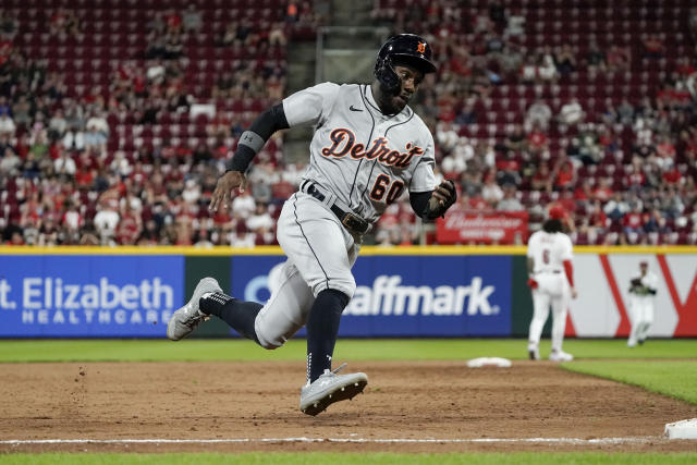 Detroit Tigers left fielder Akil Baddoo (60), center fielder Riley