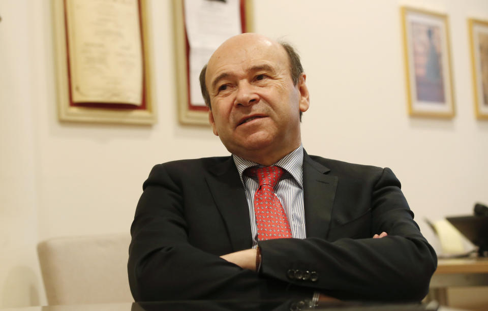 In this photo taken Friday, Nov. 22, 2019, La Scala new general manager Dominique Meyer talks during an interview with The Associated Press, in Milan, Italy, Friday, Nov. 22, 2019. Frenchman Meyer, who for the coming months will be simultaneously guiding two of Europe’s most important opera houses, defends the European response to sexual harassment allegations against Placido Domingo. (AP Photo/Antonio Calanni)