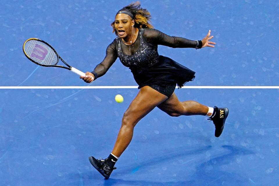 US player Serena Williams hits a return against Montenegro's Danka Kovinic during their 2022 US Open Tennis tournament women's singles first round match at the USTA Billie Jean King National Tennis Center in New York, on August 29, 2022. (Photo by TIMOTHY A. CLARY / AFP) (Photo by TIMOTHY A. CLARY/AFP via Getty Images)