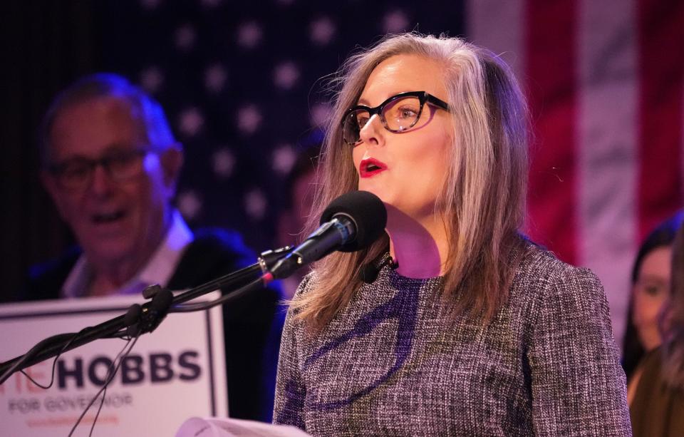 Katie Hobbs, Democratic candidate for Arizona governor, addresses her supporters on election night at the Crescent Ballroom in Phoenix on Aug. 2, 2022.