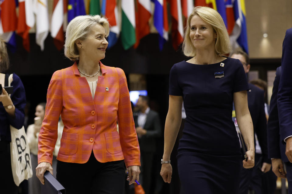 European Commission President Ursula von der Leyen and Estonia's Prime Minister Kaja Kallas walk together to a media conference during an EU summit in Brussels, early Friday, June 28, 2024. European Union leaders signed off a trio of top appointments for their shared political institutions on Thursday evening, reinstalling German conservative Ursula von der Leyen as president of the European Commission for another five years. At the side of von der Leyen should be two new faces: Antonio Costa of Portugal as European Council President and Estonia's Kaja Kallas as the top diplomat of the world's largest trading bloc. (AP Photo/Geert Vanden Wijngaert)