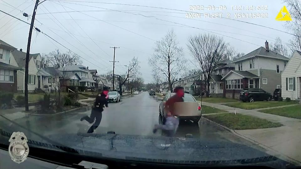 A screen capture from a video released from the Grand Rapids Police Department on April 13, 2022, shows the traffic stop involving Patrick Lyoya in Grand Rapids on April 4, 2022, that resulted in a shooting that fatally wounded Lyoya.
