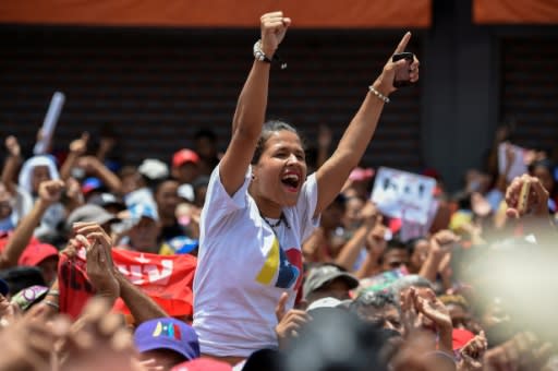 A supporter of Venezuelan President Nicolas Maduro cheers during a campaign rally ahead of the presidential election which Washington has dismissed as a "sham"