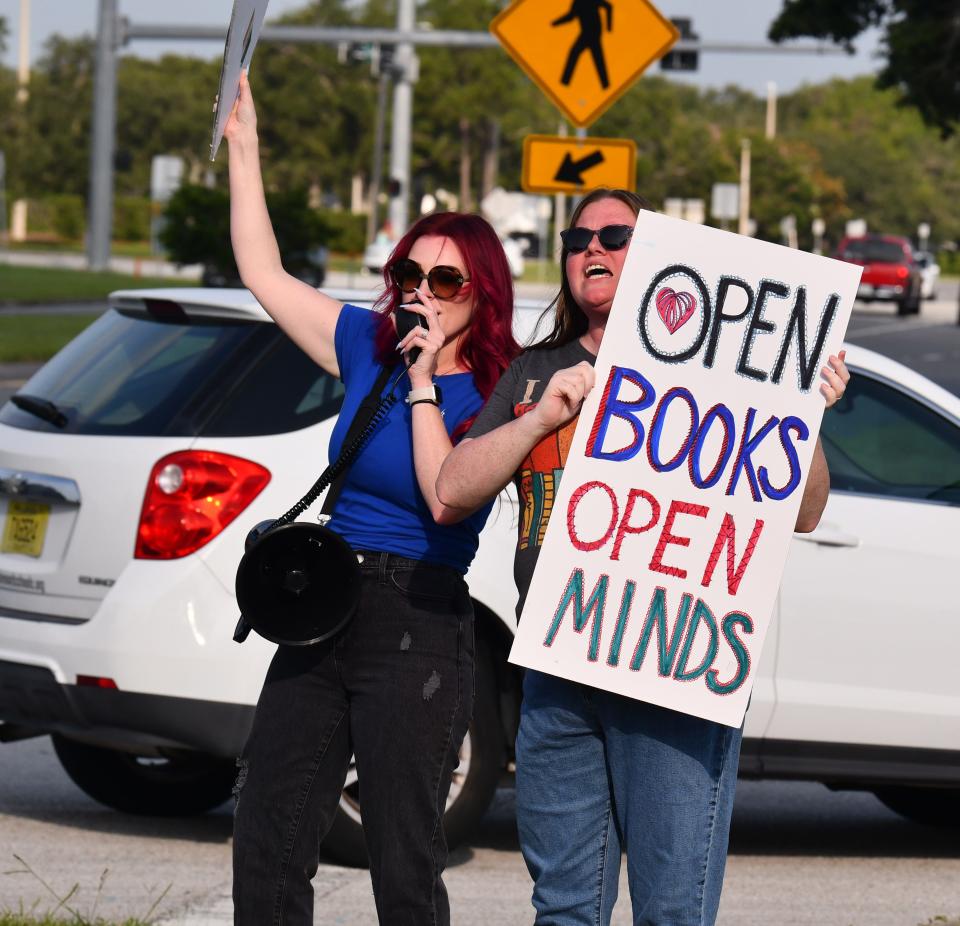 About 75 people showed up outside the Brevard County school board offices in Viera on June 30, 2023, with Awake Brevard Action Alliance, protesting the banning and removal of books from schools and the process in place for removing books.
