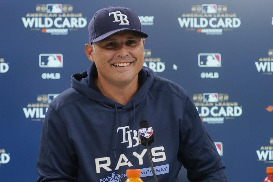 Tampa Bay Rays manager Kevin Cash smiles during an interview, Thursday, Oct. 6, 2022, in Cleveland, the day before their wild card baseball playoff game against the Cleveland Guardians. (AP Photo/Sue Ogrocki)