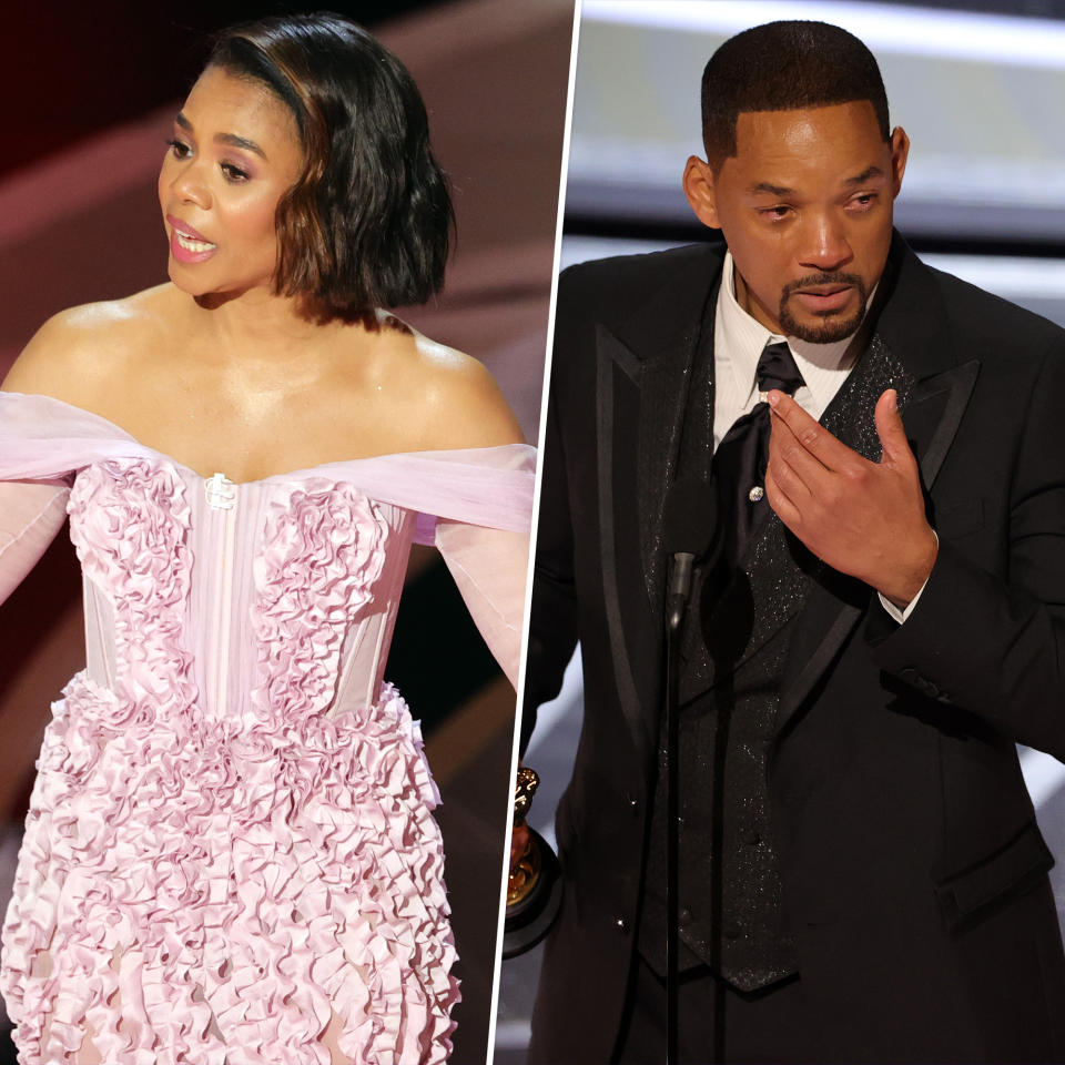 Regina Hall (left) spoke briefly about her thoughts on Will Smith's (right) disruption of the 2022 Oscars. (Neilson Barnard / Getty Images)