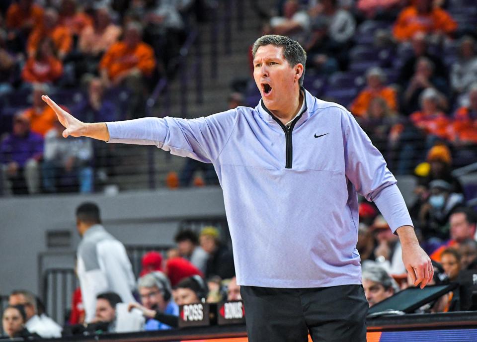 Jan 11, 2023; Clemson, South Carolina, USA; Clemson Tigers head coach Brad Brownell during the second half with the Louisville Cardinals at Littlejohn Coliseum. Mandatory Credit: Ken Ruinard-USA TODAY Sports