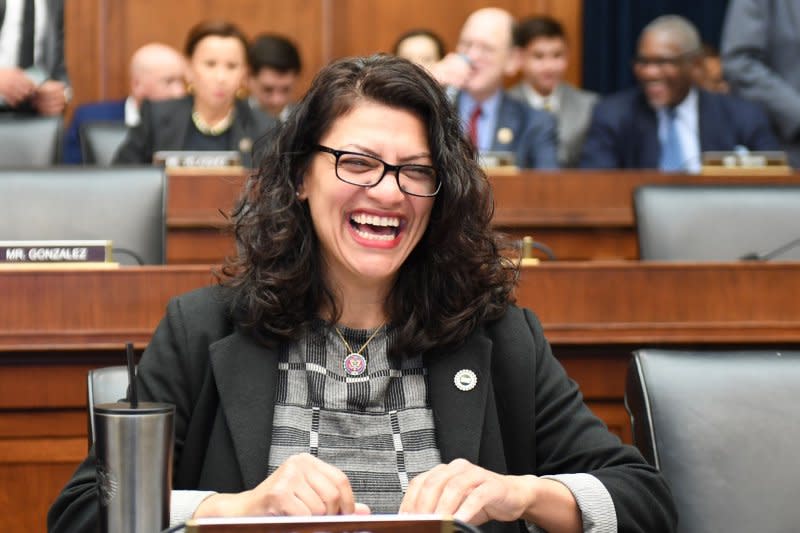 Rep. Rashida Tlaib, (D-Mich.) waits for testimony from Facebook's Mark Zuckerberg about the company's planned cryptocurrency, Libra, and concerns that it could sidestep regulators before the House Financial Services Committee, on Capitol Hill in Washington D.C., in 2019. The hearing is called "An Examination of Facebook and Its Impact on the Financial Services and Housing Sectors". Photo by Pat Benic/UPI