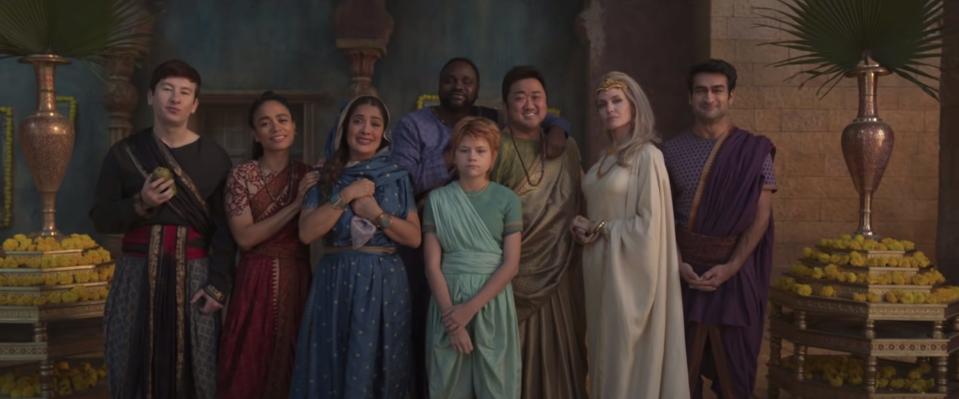 From left: Barry Keoghan, Lauren Ridloff, Salma Hayek, Brian Tyree Henry, Lia McHugh, Don Lee, Angelina Jolie, and Kumail Nanjiani in "Eternals."