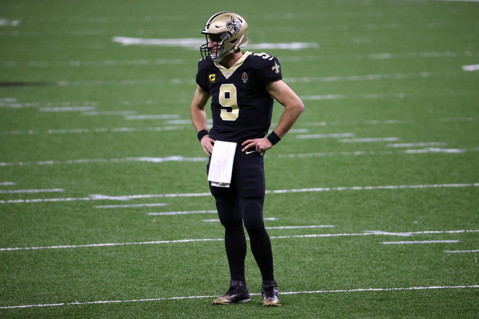 NEW ORLEANS, LOUISIANA - NOVEMBER 15: Drew Brees #9 of the New Orleans Saints looks on during their game against the San Francisco 49ers at Mercedes-Benz Superdome on November 15, 2020 in New Orleans, Louisiana. (Photo by Chris Graythen/Getty Images)