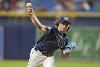 Tampa Bay Rays starting pitcher Ryan Pepiot delivers to a Detroit Tigers batter during the first inning of a baseball game Tuesday, April 23, 2024, in St. Petersburg, Fla. (AP Photo/Chris O'Meara)