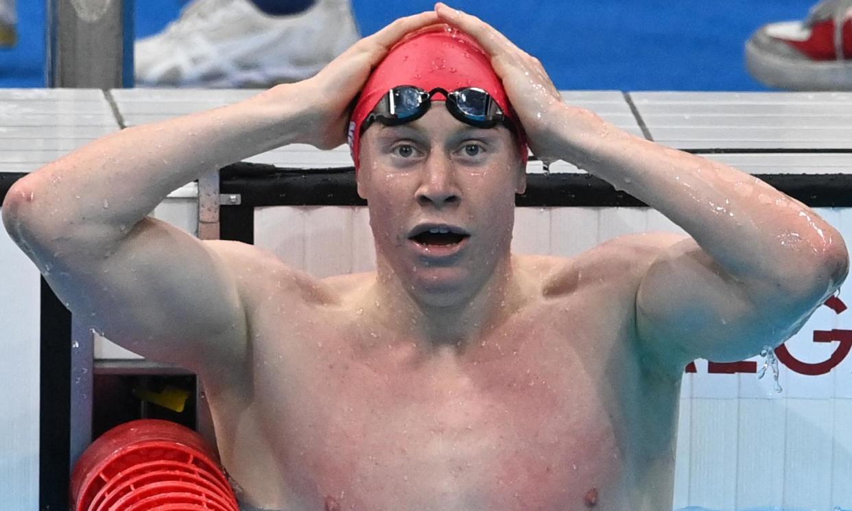 <span>Britain's Tom Dean reacts in disbelief after winning gold in the men's 200m freestyle at the Tokyo Games.</span><span>Photograph: Jonathan Nackstrand/AFP/Getty Images</span>