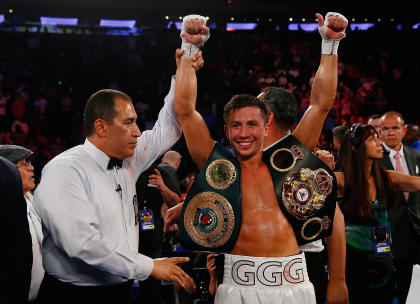 Gennady Golovkin celebrates after defeating Daniel Geale with a third-round stoppage in July. (AFP)