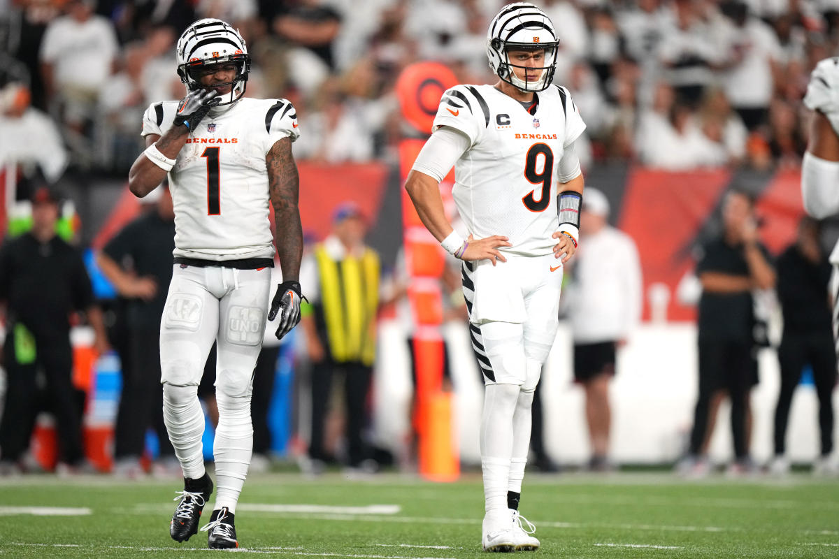 Cincinnati Bengals wide receiver Ja'Marr Chase (1) lines up for the snap  during an NFL football game against the Miami Dolphins on Thursday,  September 29, 2022, in Cincinnati. (AP Photo/Matt Patterson Stock