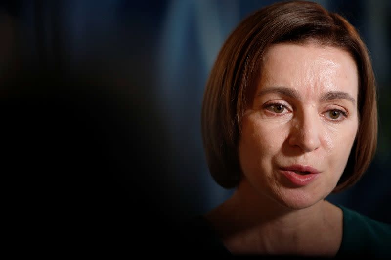 Moldovan President Maia Sandu talks to Reuters in Brussels