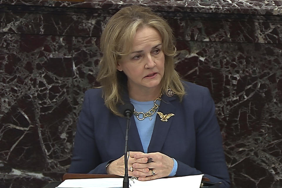In this image from video, House impeachment manager Rep. Madeleine Dean, D-Pa., speaks during closing arguments in the second impeachment trial of former President Donald Trump in the Senate at the U.S. Capitol in Washington, Saturday, Feb. 13, 2021. (Senate Television via AP)