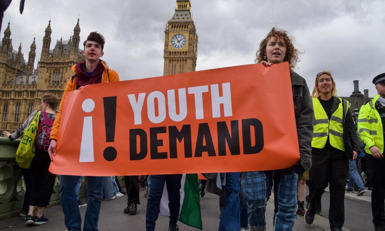 <span>Members of Youth Demand calling for an arms embargo on Israel during a protest in central London on 10 April.</span><span>Photograph: Vuk Valcic/Zuma Press Wire/Rex/Shutterstock</span>